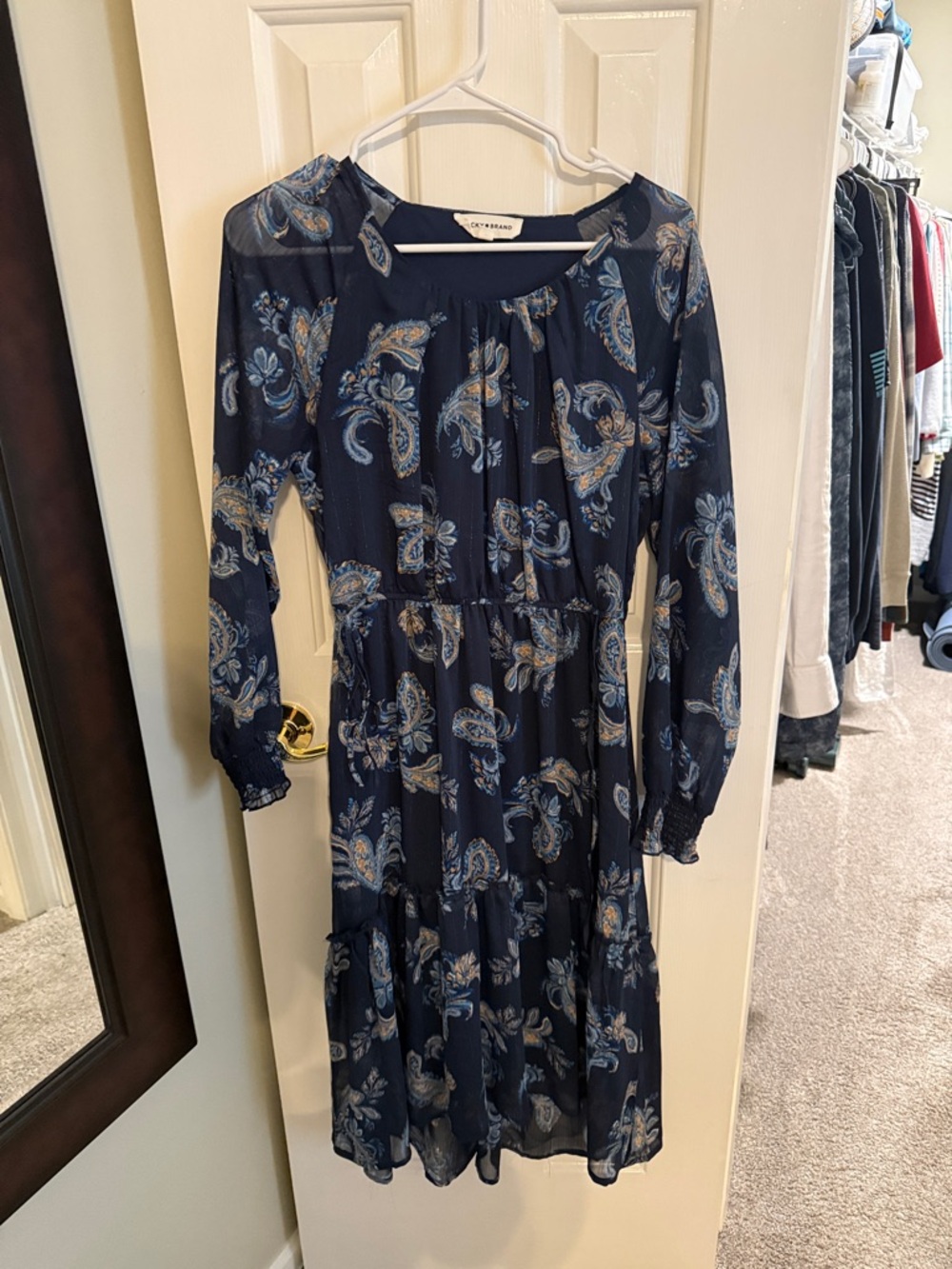 Lysse Navy Paisley Long-Sleeve Tiered Dress
